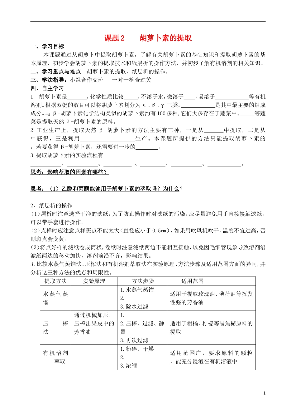 高中生物 6.2胡萝卜素的提取学案 新人教版选修1-新人教版高二选修1生物学案_第1页