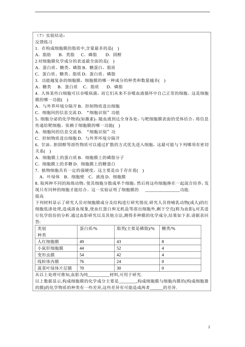 高中生物 第3章　细胞的基本结构第1节《细胞膜——系统的边界》参考学案1 新人教版必修1_第2页