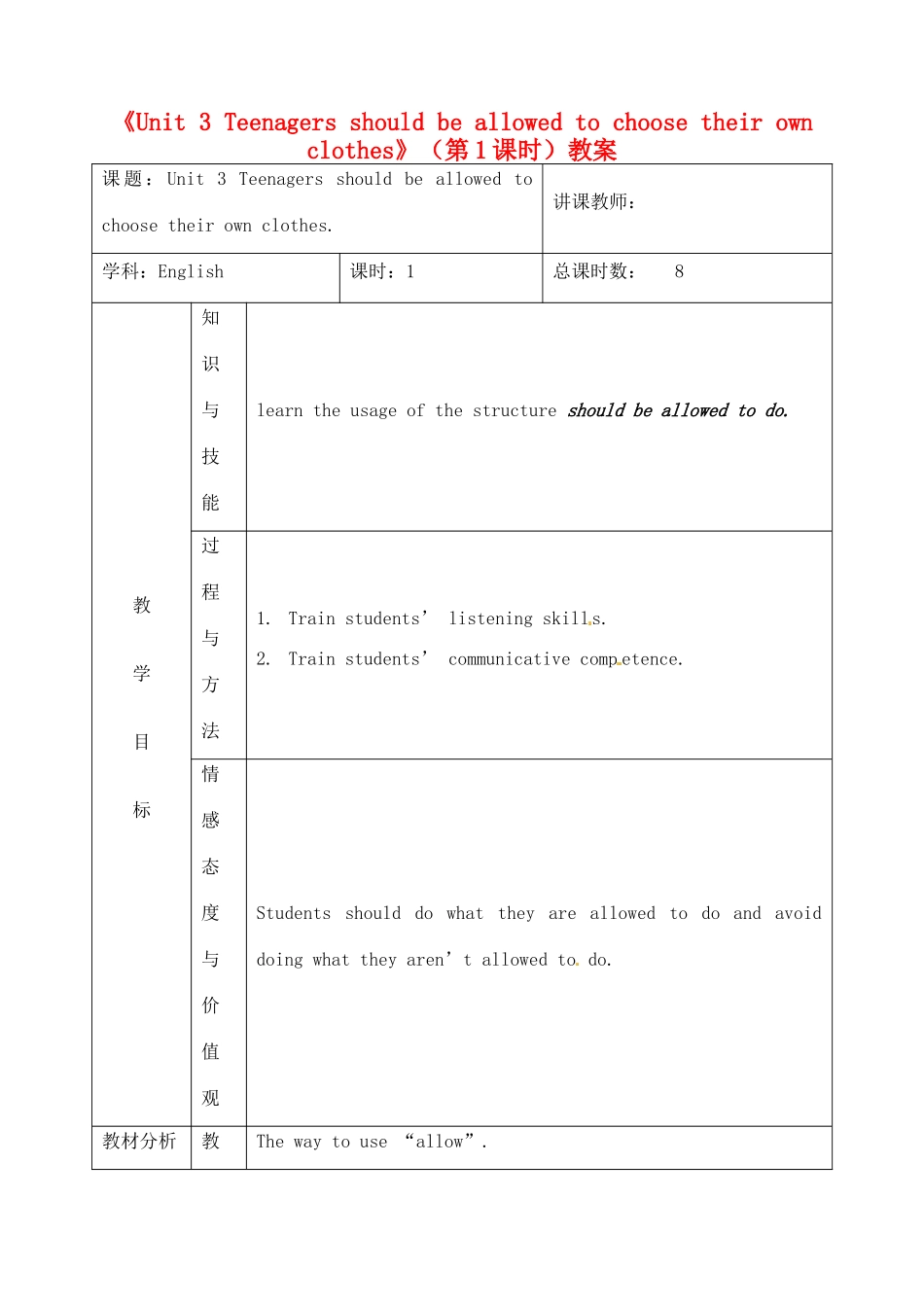 吉林省四平市第十七中学九年级英语全册《Unit 3 Teenagers should be allowed to choose their own clothes》（第1课时）教案 人教新目标版_第1页
