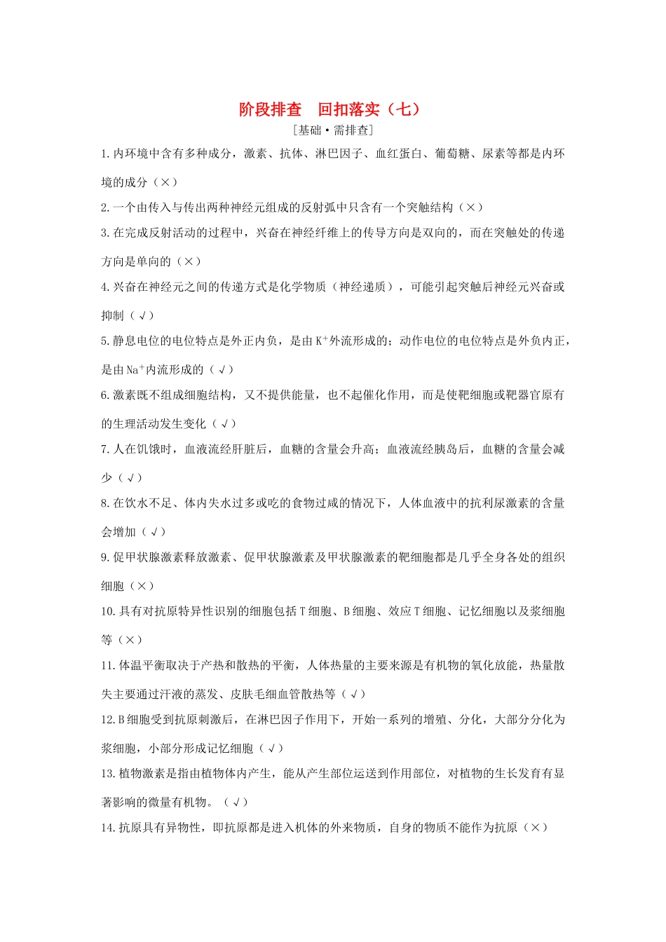 （江苏专版）高考生物大一轮复习 第八单元 生命活动的调节 阶段排查 回扣落实（七）学案-人教版高三全册生物学案_第1页