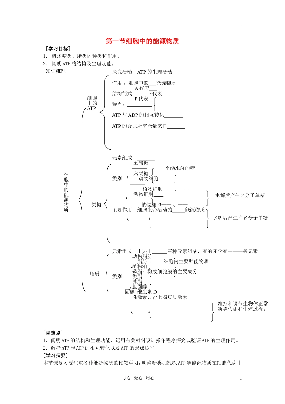 高中生物 3.2.1《细胞中的能源物质》学案 中图版必修1_第1页