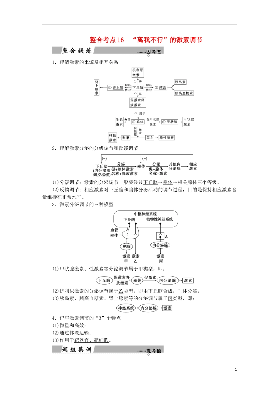 高考生物大二轮复习 第01部分 专题05 生命系统的稳态及调节 整合考点16“离我不行”的激素调节学案-人教版高三全册生物学案_第1页