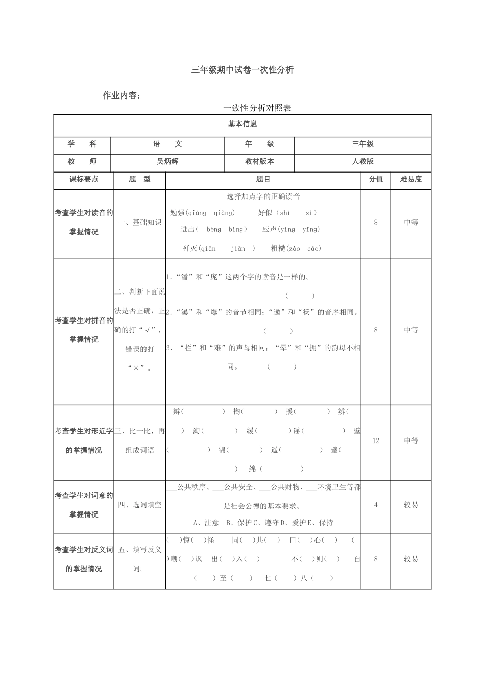 三年级期中试卷一次性分析_第1页