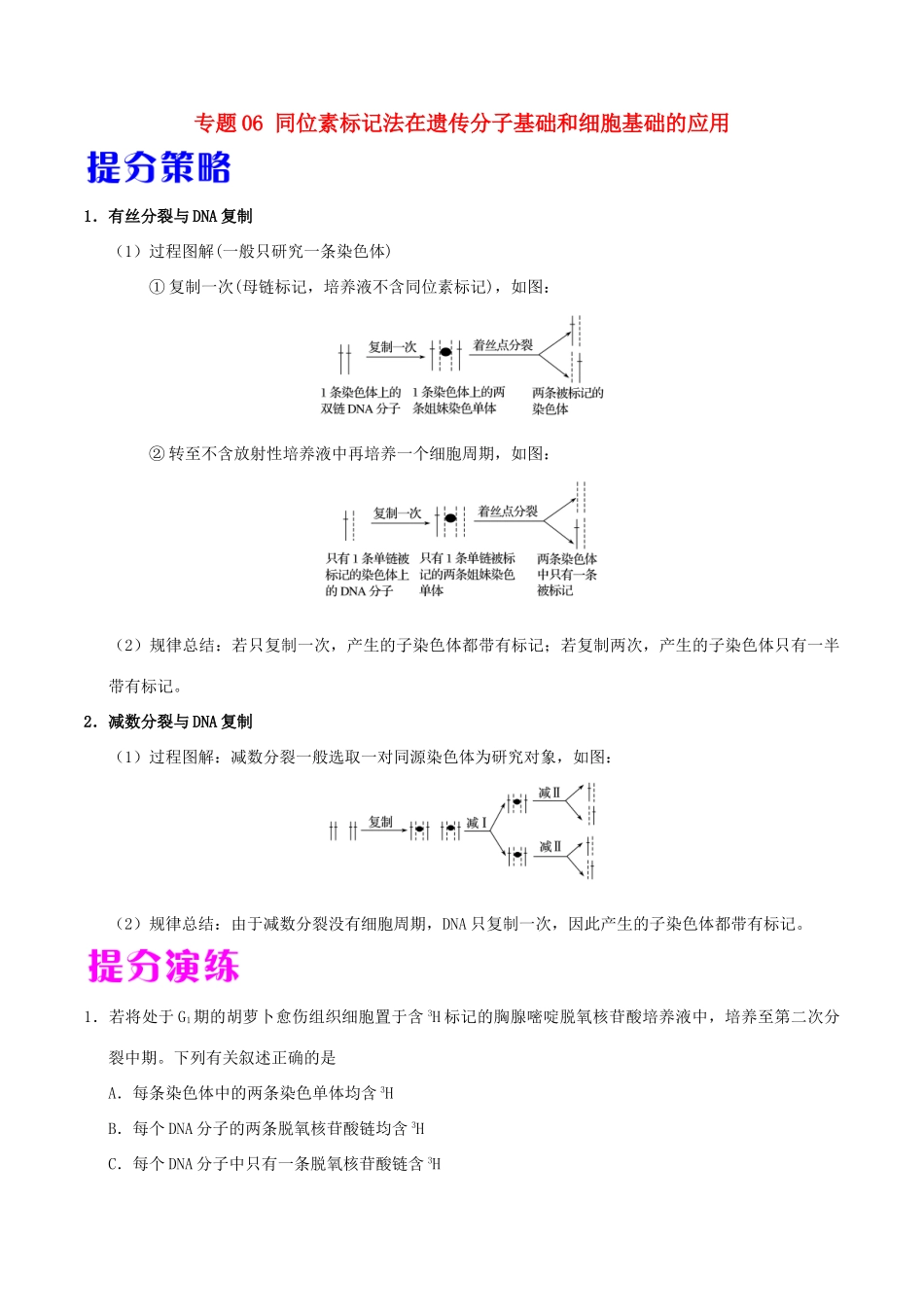 备战高考生物 热点题型提分策略 专题06 同位素标记法在遗传分子基础和细胞基础的应用学案-人教版高三全册生物学案_第1页