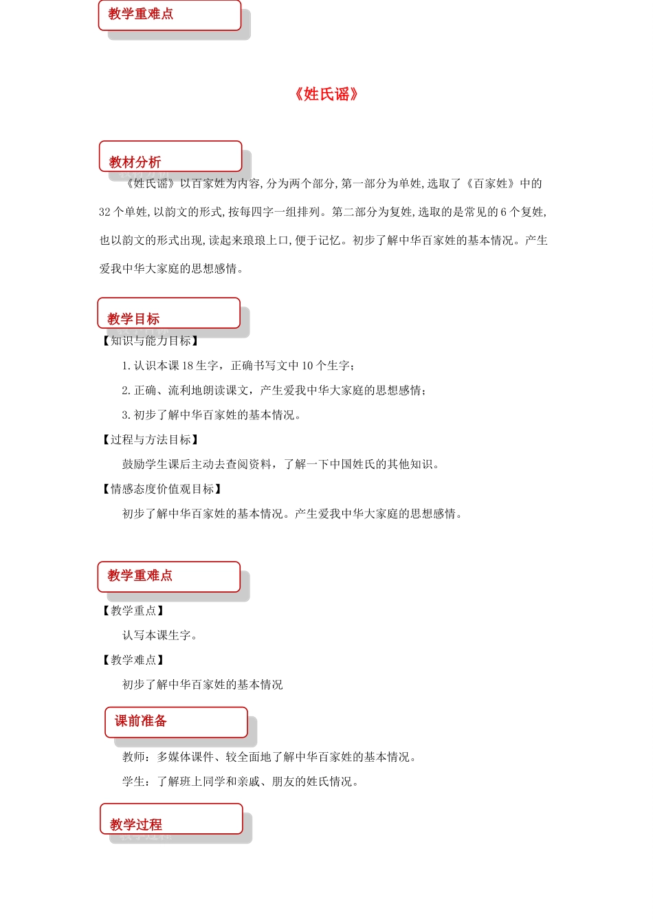 二年级语文下册 识字二《姓氏谣》教案 西师大版-西师大版小学二年级下册语文教案_第1页