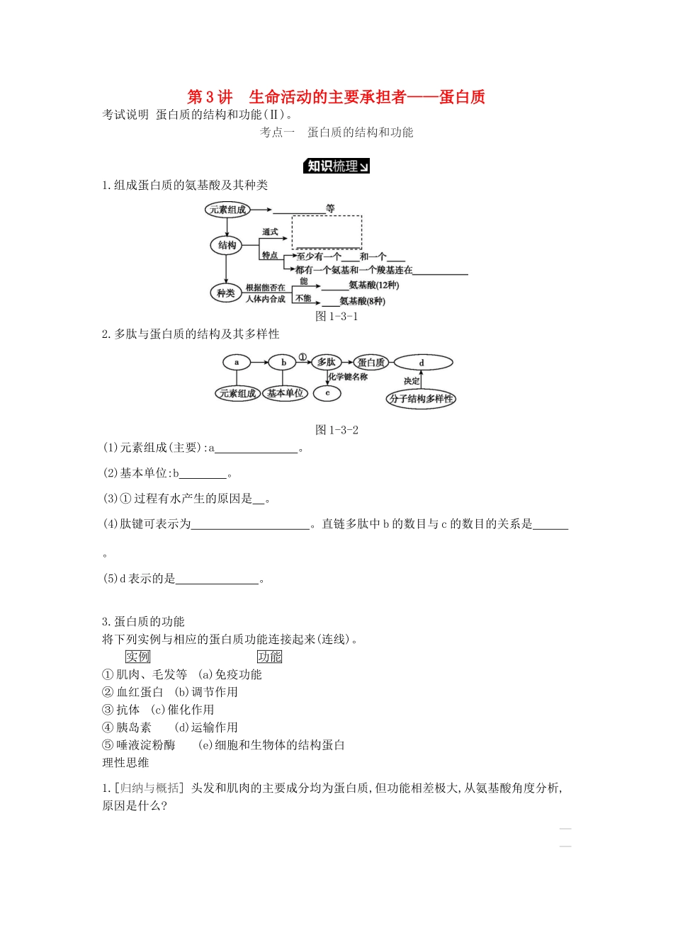 高考生物一轮复习 第1单元 走近细胞与细胞的分子组成 第3讲 生命活动的主要承担者——蛋白质学案 苏教版-苏教版高三全册生物学案_第1页
