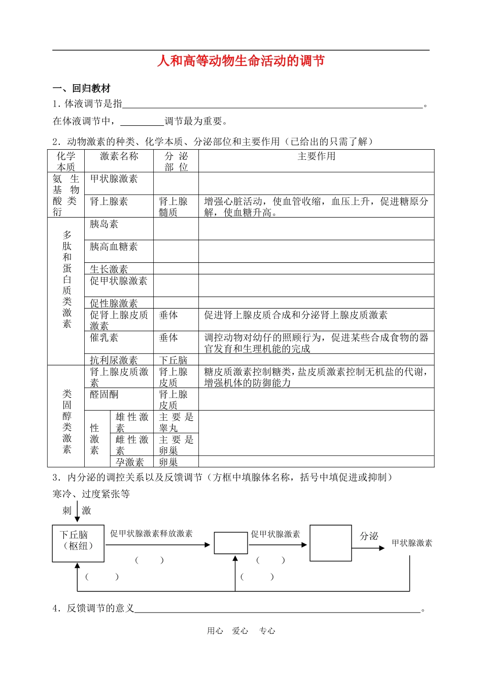 高三生物二轮复习学案生命活动的调节之人和高等动物生命活动的调节人教版_第1页
