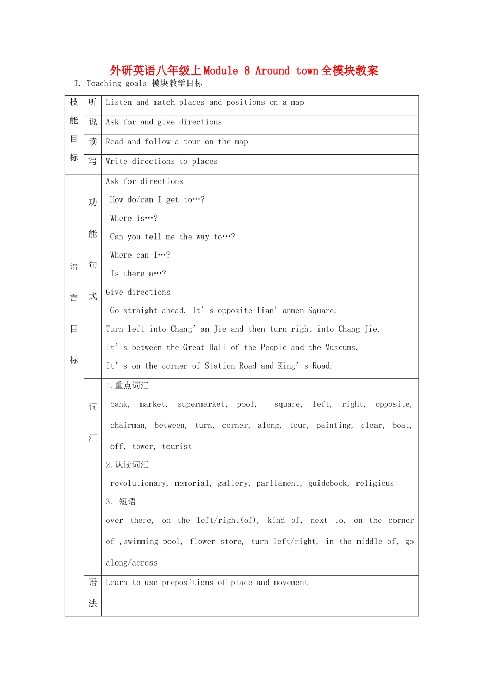 八年级英语上册 Module 8 Around town全模块教案 外研版_第1页