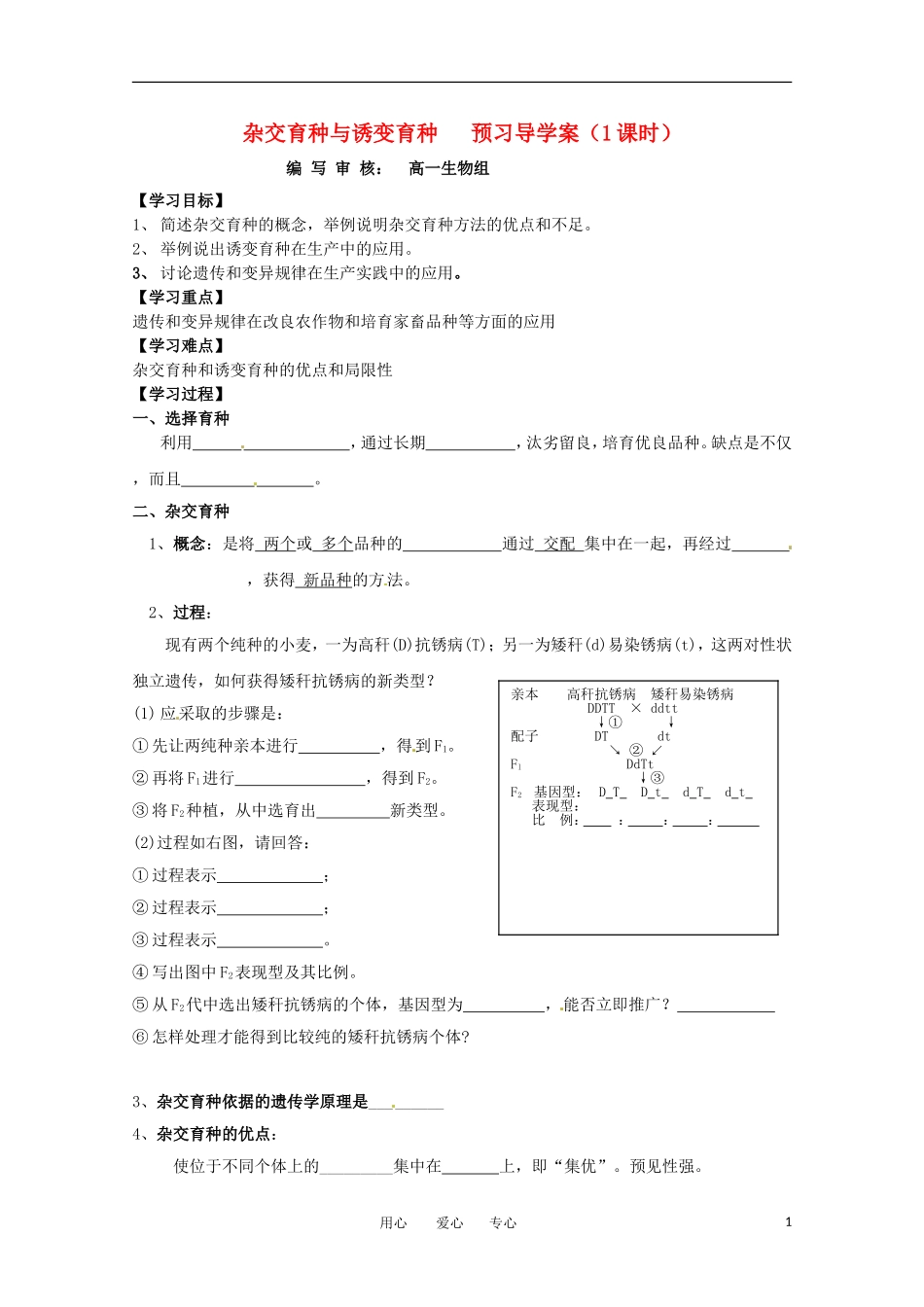 高中生物 6.1《杂交育种与诱变育种》学案（1） 新人教版必修2_第1页