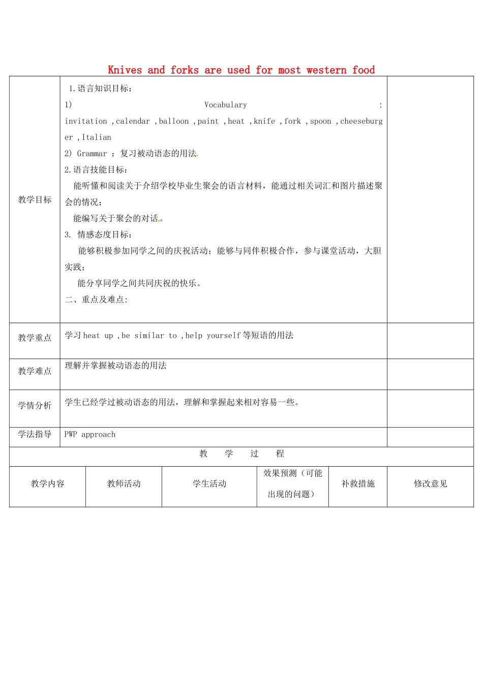四川省华蓥市九年级英语下册《Module 6 Unit 2 Knives and forks are used for most Western food》教案 （新版）外研版-（新版）外研版初中九年级下册英语教案_第1页