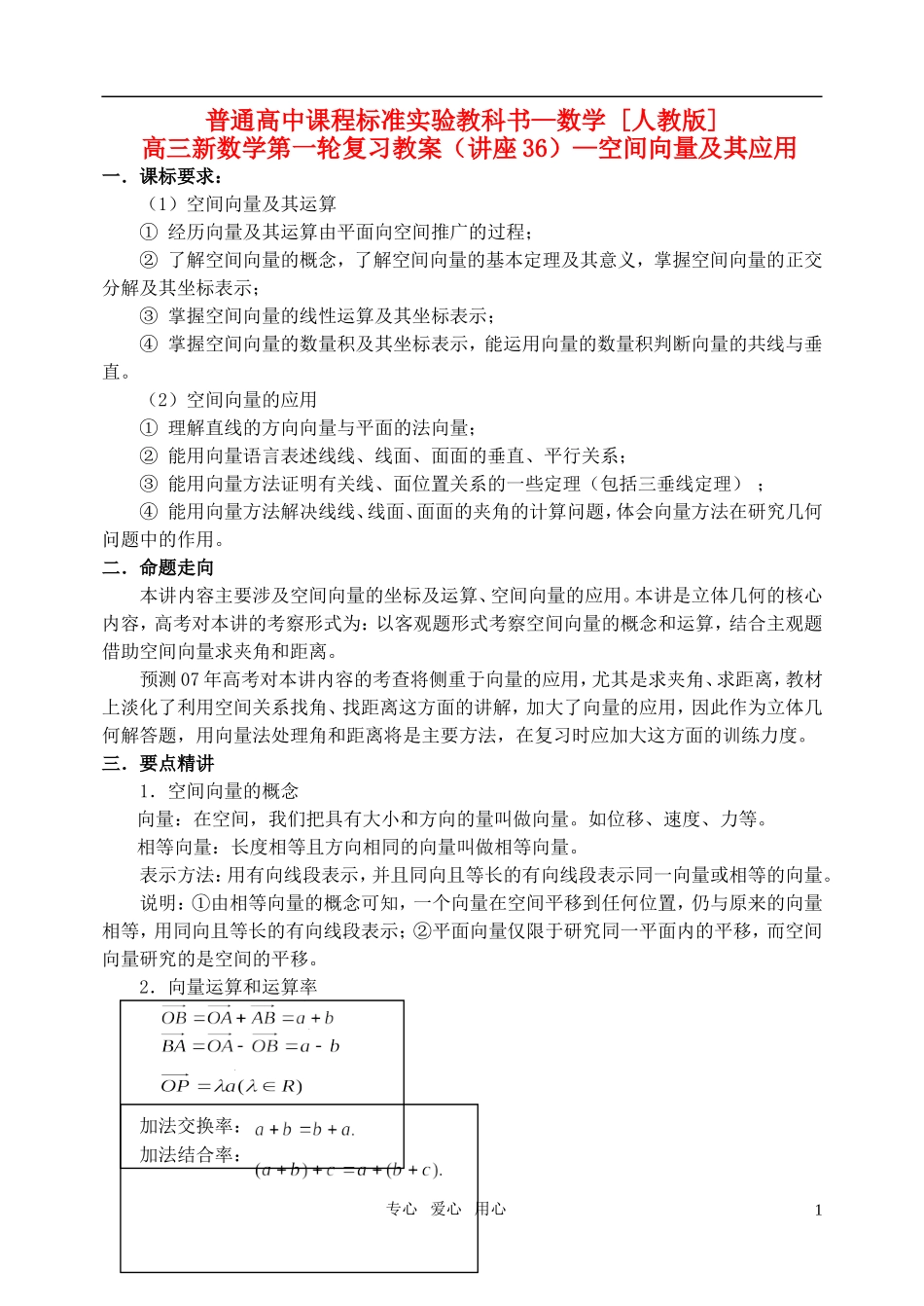 高三数学第一轮复习单元讲座 第36讲 空间向量及其应用教案 新人教版_第1页