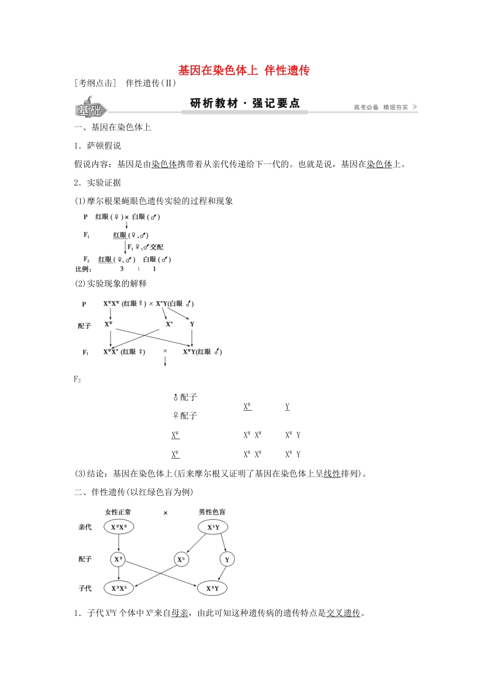 高考生物总复习 第5单元 第16讲基因在染色体上伴性遗传学案-人教版高三全册生物学案_第1页