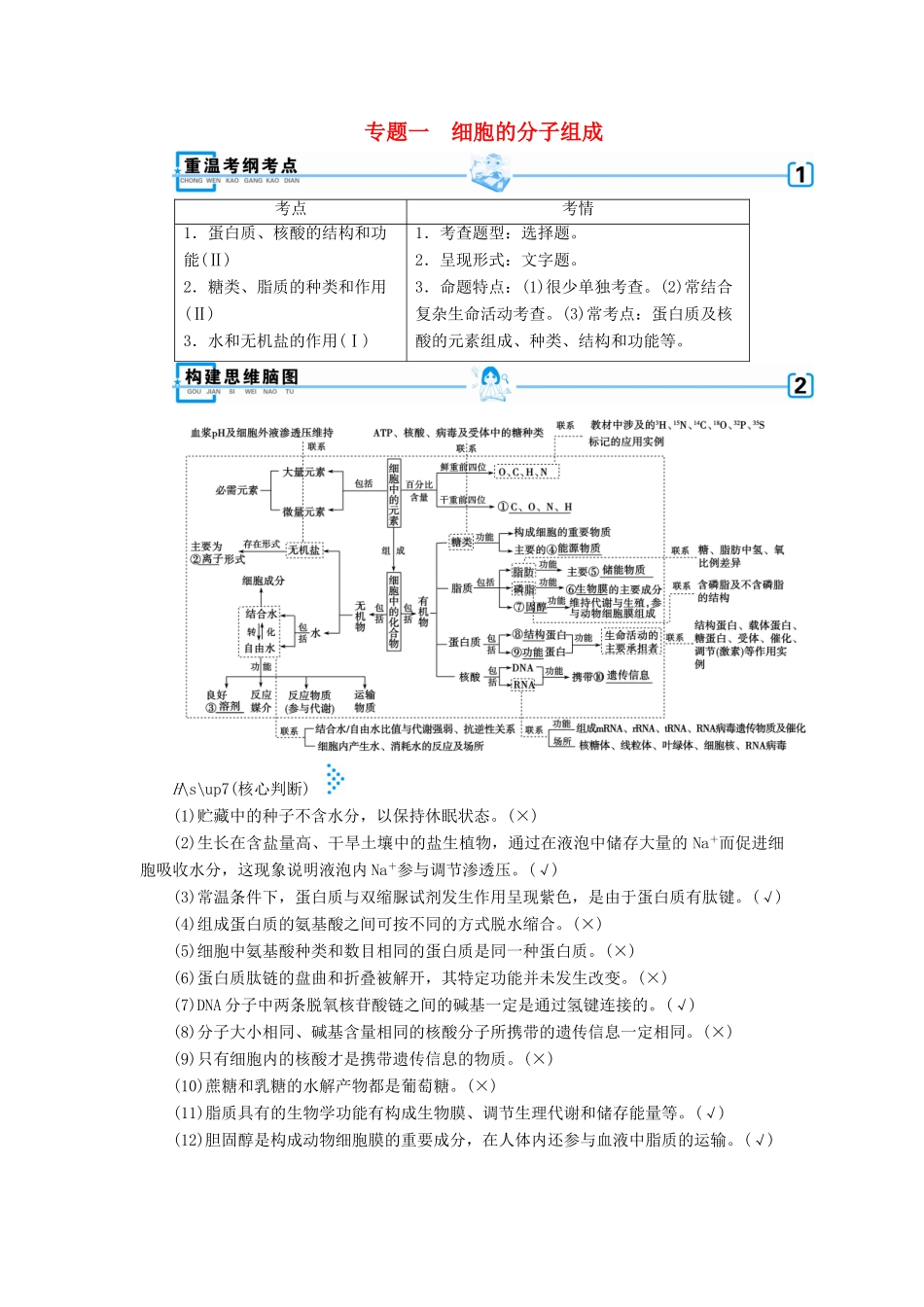 高考生物大二轮复习 专题一 细胞的分子组成学案-人教版高三全册生物学案_第1页