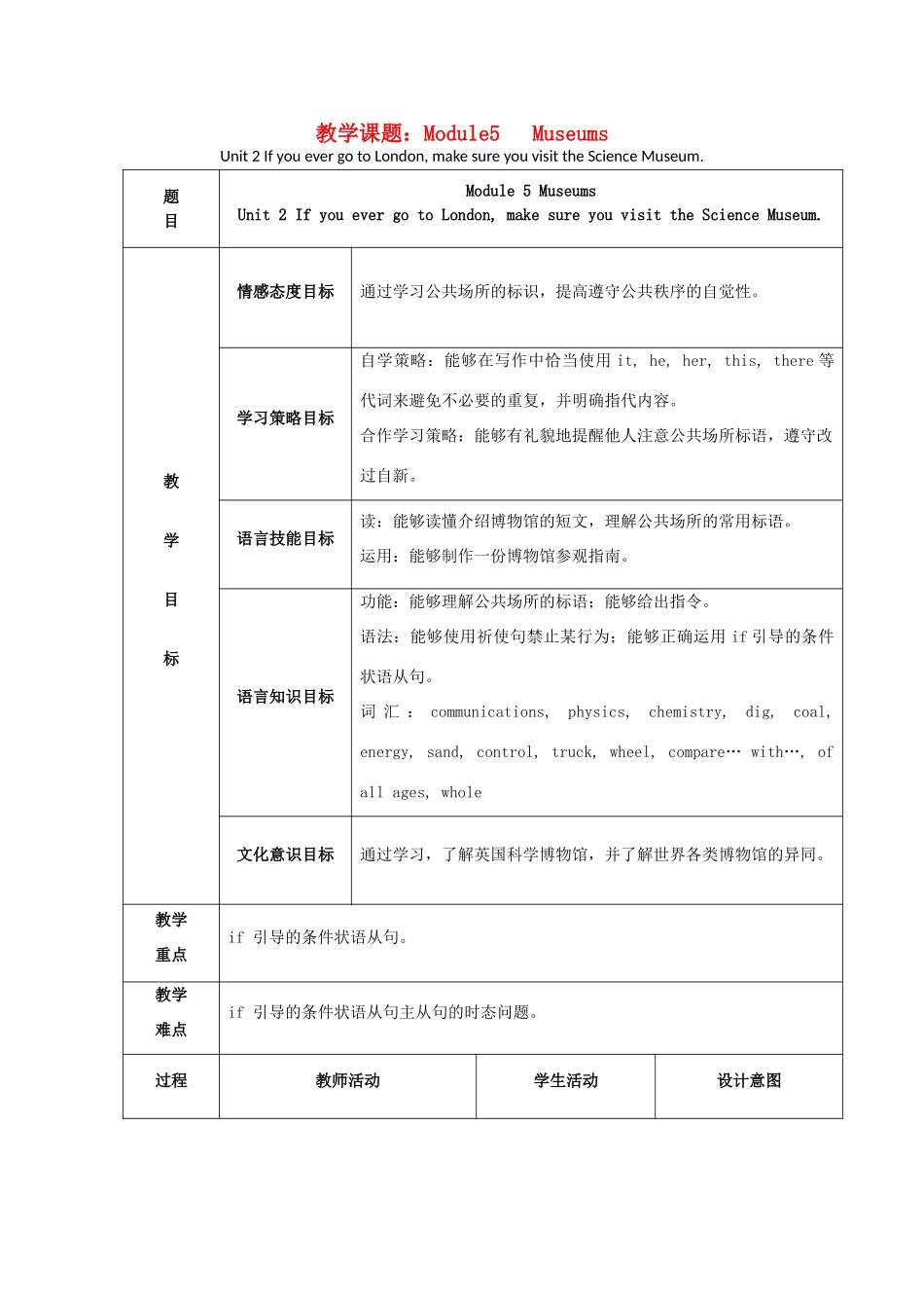 学年九年级英语上册 Module 5 Museums Unit 2 If you ever go to London，make sure you visit the Science Museum教案 （新版）外研版-（新版）外研版初中九年级上册英语教案_第1页