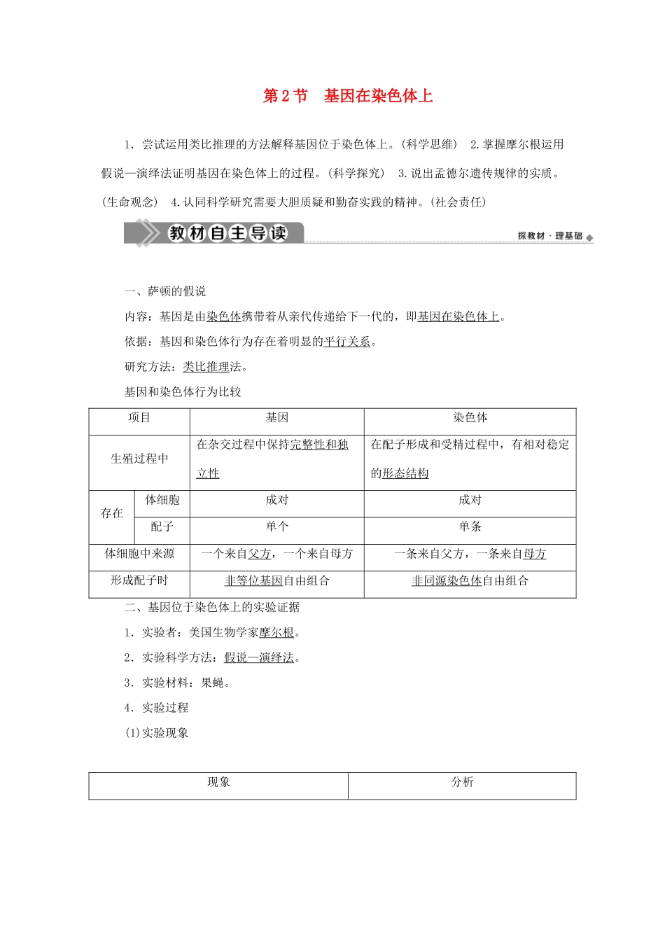 高中生物 第2章 基因和染色体的关系 第2节 基因在染色体上学案 新人教版必修第二册-新人教版高一第二册生物学案_第1页