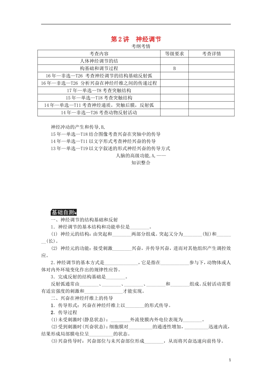 （江苏专用）高考生物一轮总复习 第8单元 人和动物生命活动的调节 第2讲 神经调节学案-人教版高三全册生物学案_第1页