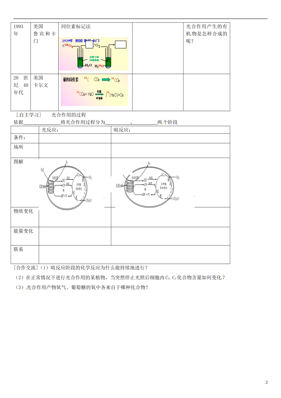 高中生物 5.4第2课时 光合作用的原理和应用（1）学案 新人教版必修1-新人教版高一必修1生物学案_第2页