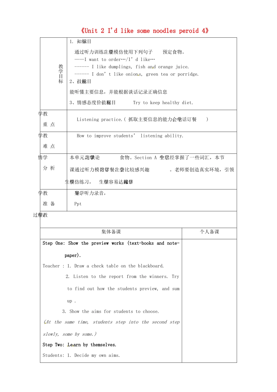 七年级英语上册《Unit 2 I'd like some noodles period 4》教案 鲁教版五四制-鲁教版五四制初中七年级上册英语教案_第1页