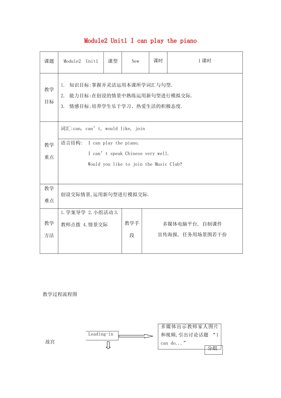 七年级英语下册 Module 2 What can you do Unit 1 I can play the piano教案 （新版）外研版-（新版）外研版初中七年级下册英语教案_第1页