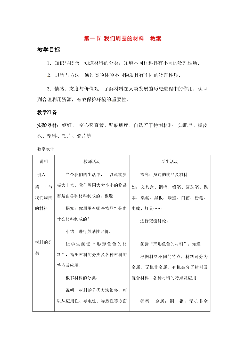 九年级物理 第一节 我们周围的材料教案 沪科版_第1页