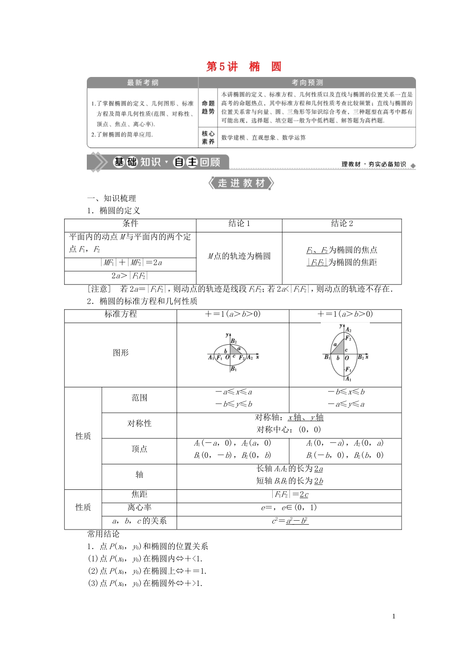 高考数学一轮复习 第九章 平面解析几何 第5讲 椭圆 第1课时 椭圆及其性质教案 文 新人教A版-新人教A版高三全册数学教案_第1页