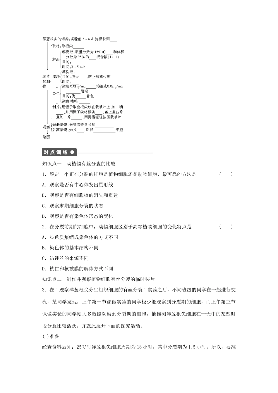 高中生物 第4章 第22课时 动植物有丝分裂比较 制作并观察植物 细胞有丝分裂的临时装片课时作业 浙科版必修1-浙科版高一必修1生物学案_第2页