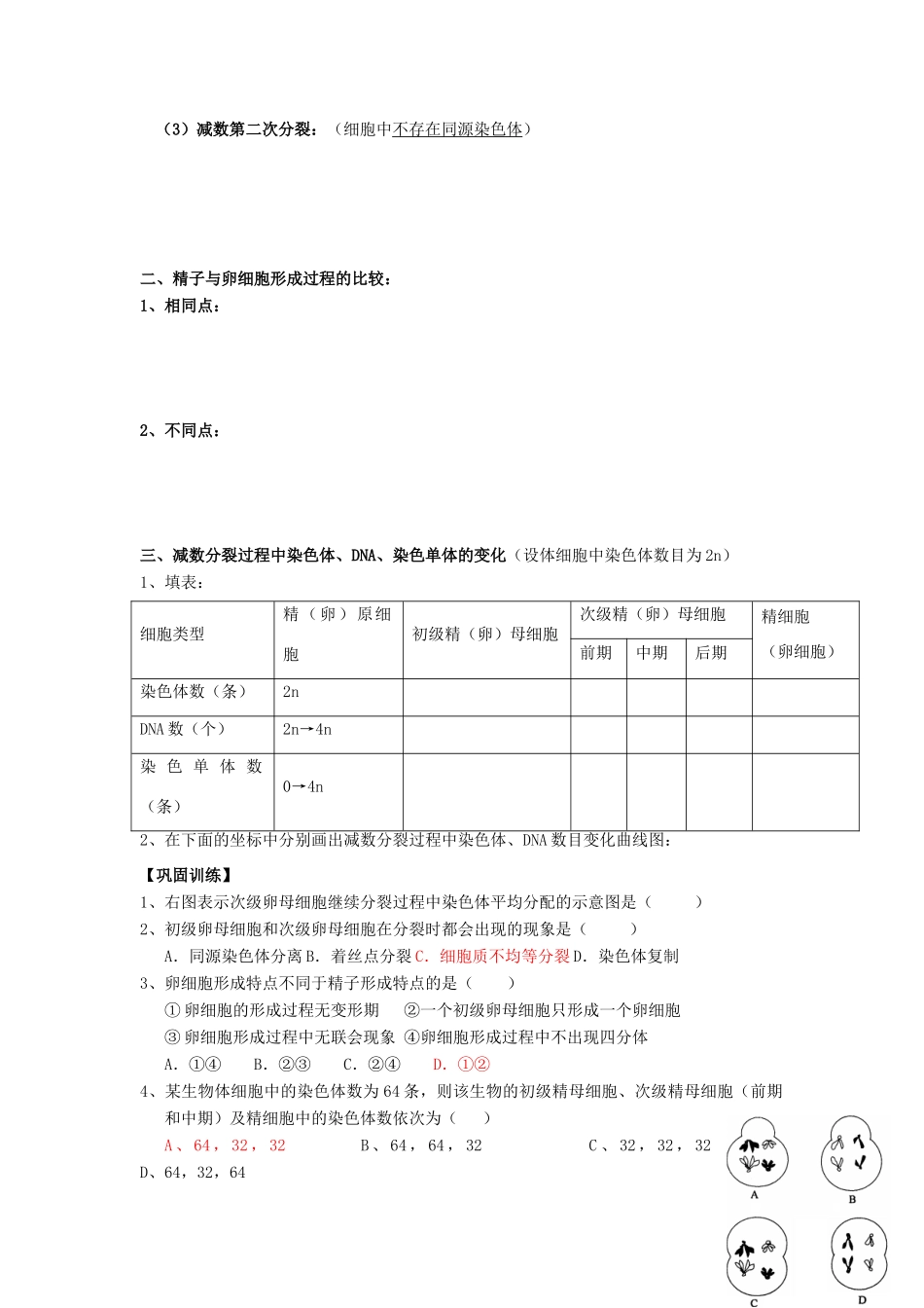 高中生物 第2章 基因和染色体的关系 第1节 减数分裂（2）导学案 新人教版必修2-新人教版高一必修2生物学案_第2页