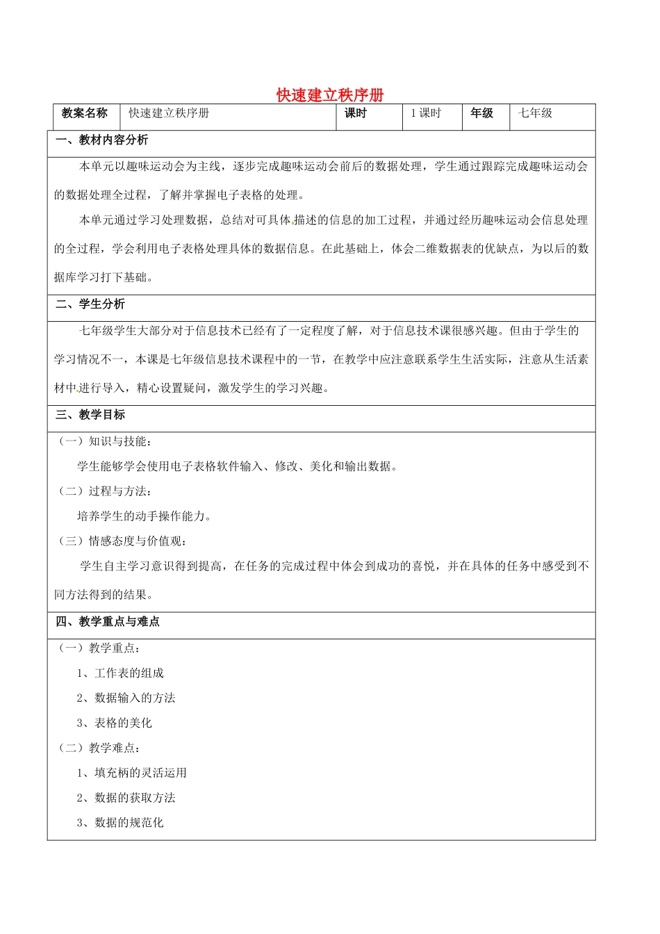 七年级信息技术 第七单元 第一节 快速建立秩序册教学设计-人教版初中七年级全册信息技术教案_第1页