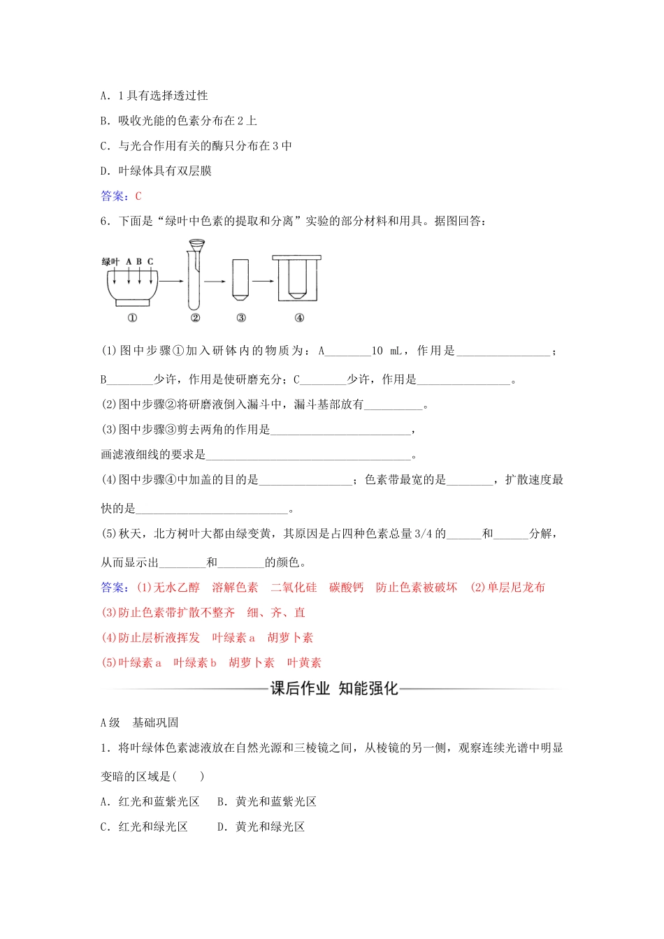 高中生物 第5章 第4节 捕获光能的色素和结构（第1课时）练习 新人教版必修1-新人教版高一必修1生物学案_第2页