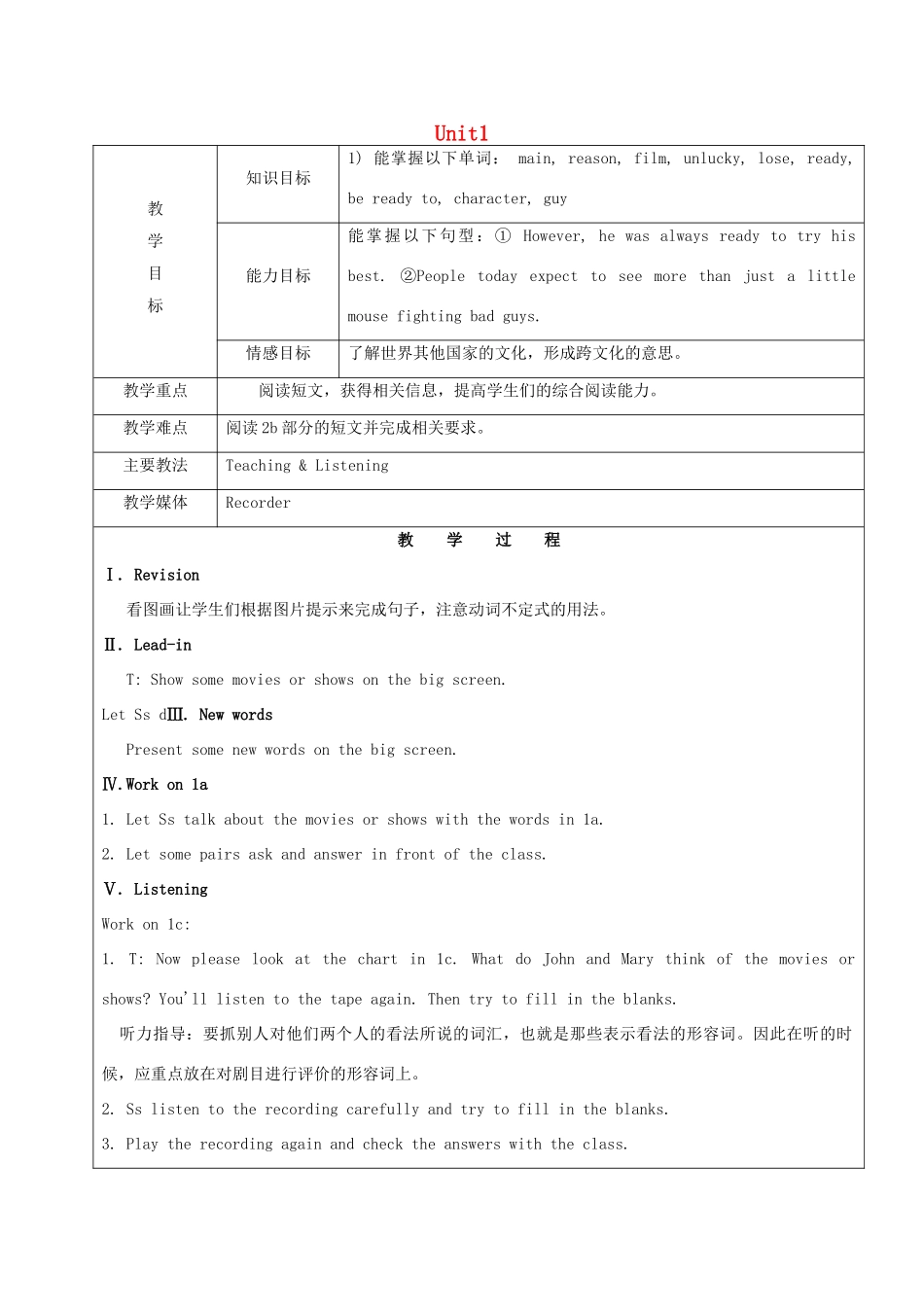 七年级英语下册 Unit 1 Do you want to watch a game show Section B2（1a-2e）教案 鲁教版五四制-鲁教版五四制初中七年级下册英语教案_第1页