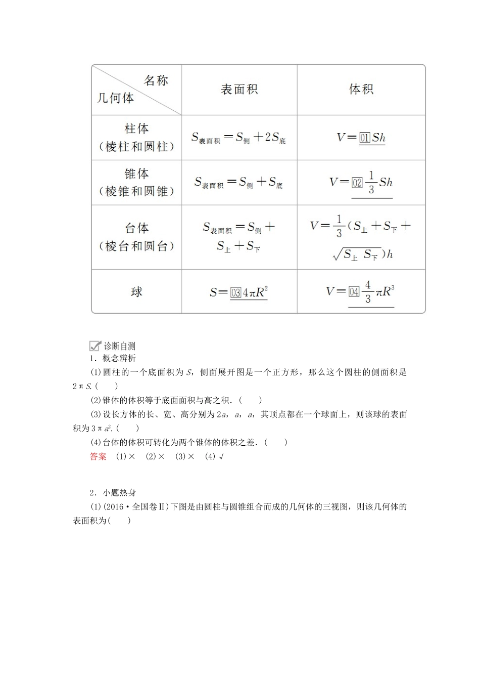 高考数学一轮复习 第7章 立体几何 第2讲 空间几何体的表面积与体积讲义 理（含解析）-人教版高三全册数学教案_第2页