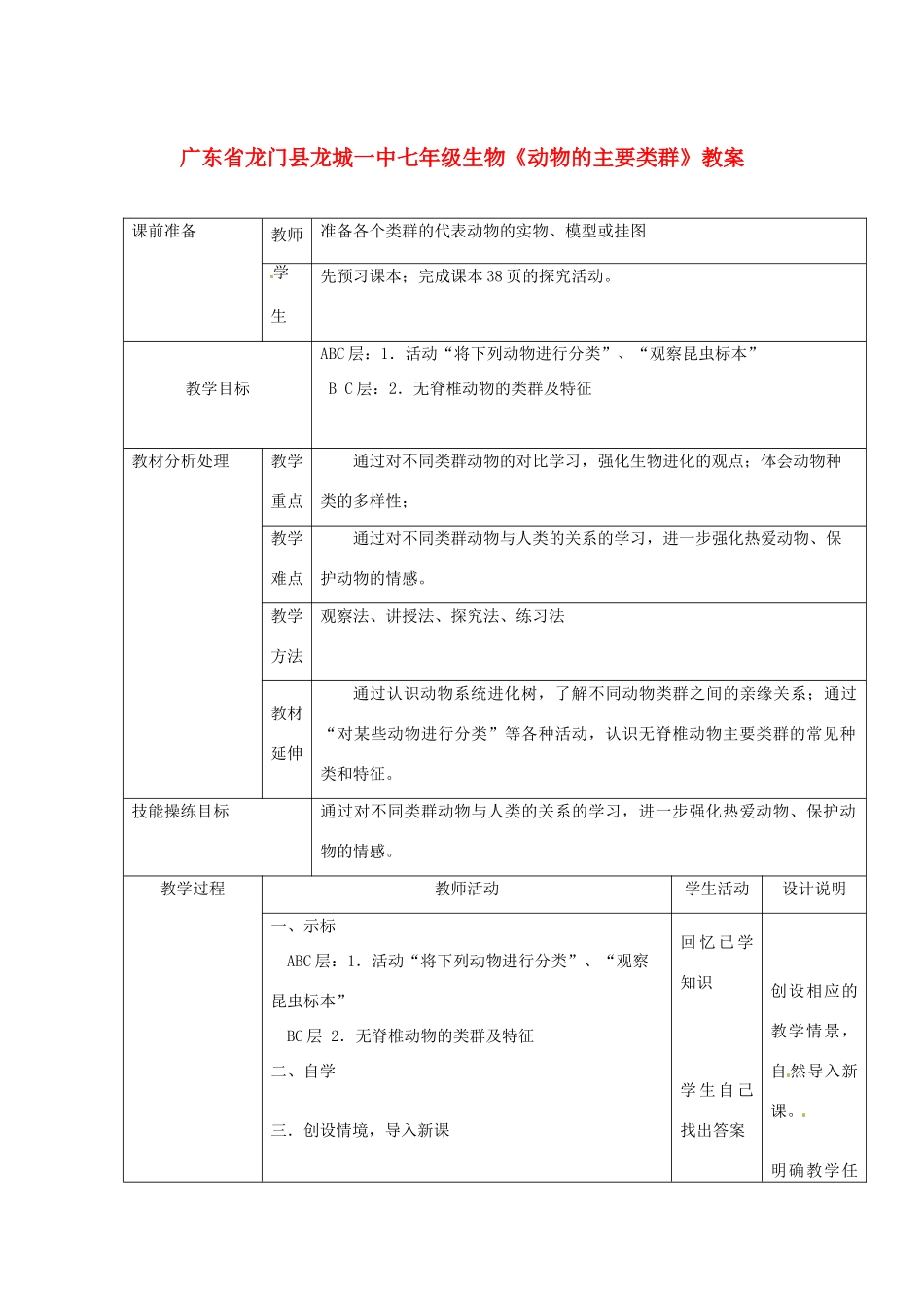 广东省龙门县龙城一中七年级生物《动物的主要类群》教案_第1页