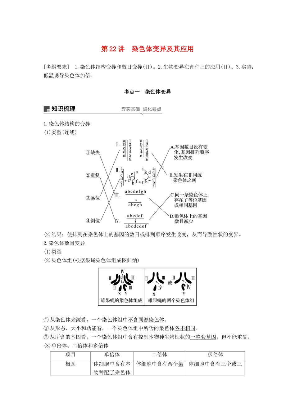 高考生物一轮复习 第七单元 生物的变异、育种和进化 第22讲 染色体变异及其应用备考一体学案 苏教版-苏教版高三全册生物学案_第1页