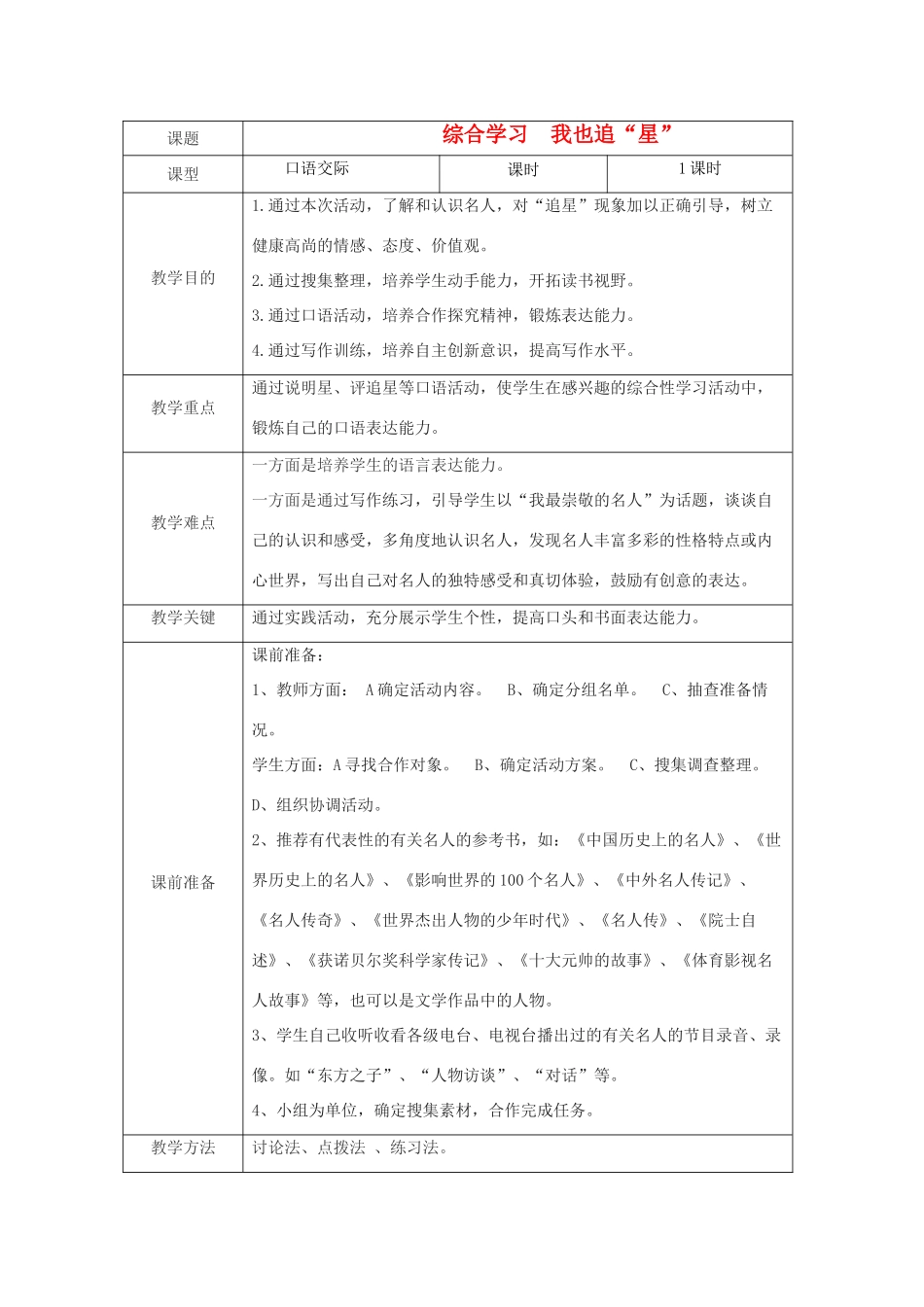七年级语文上册 《我也追“星”》教学设计2 鲁教版_第1页