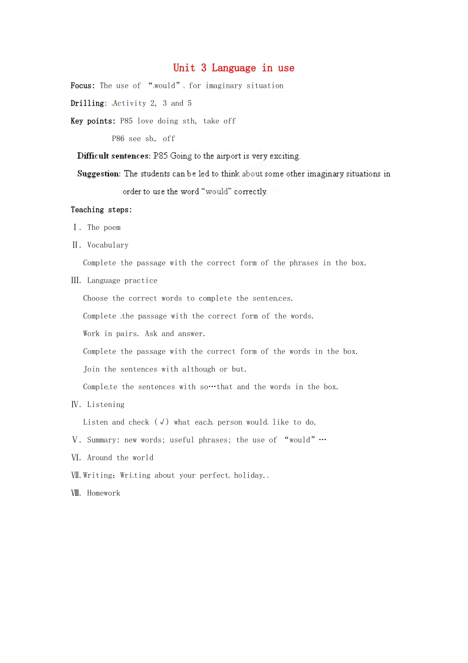 天津市武清区杨村第五中学八年级英语下册《Module 10 My perfect holiday Unit 3 Language in use》教案 外研版_第1页
