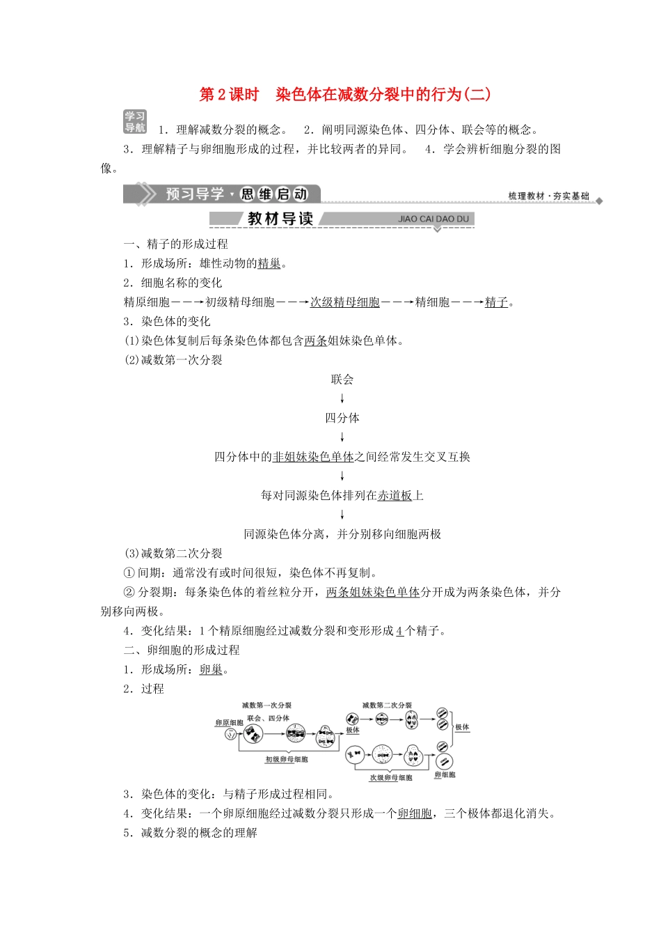 高中生物 第2章 遗传信息传递的结构基础 第1节 染色体是遗传信息的载体 第2课时 染色体在减数分裂中的行为（二）学案 北师大版必修2-北师大版高一必修2生物学案_第1页