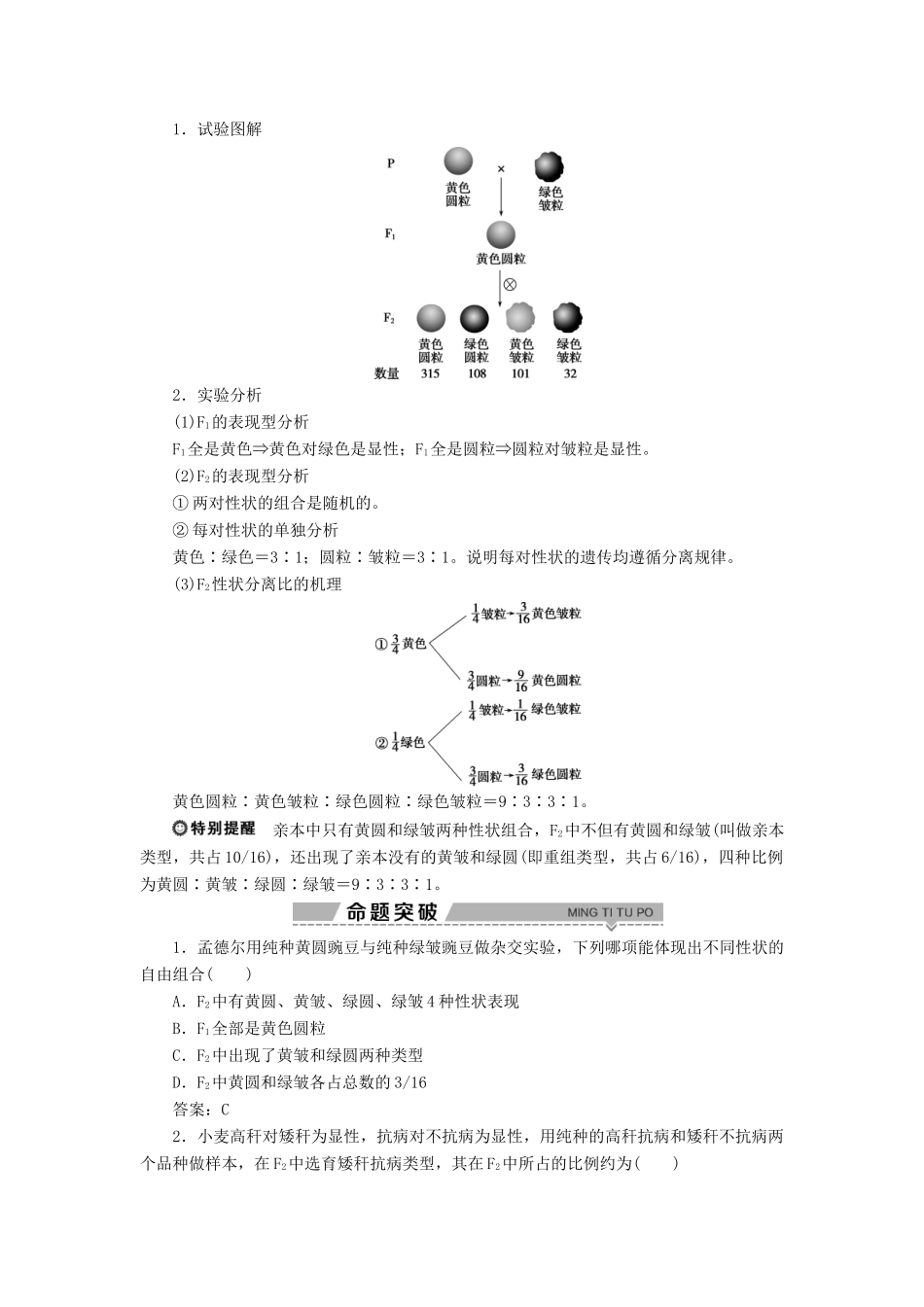 高中生物 第4章 遗传信息的传递规律 第2节 基因的自由组合规律 第1课时 自由组合规律的试验与分析学案 北师大版必修2-北师大版高一必修2生物学案_第3页
