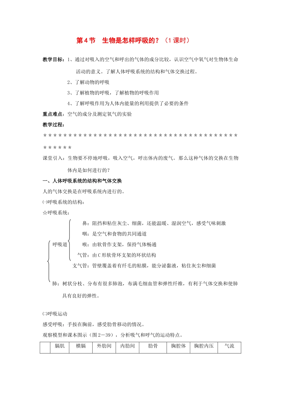 八年级科学下册：第2章第4节 生物是怎样呼吸的？（1课时）教案（浙教版）_第1页