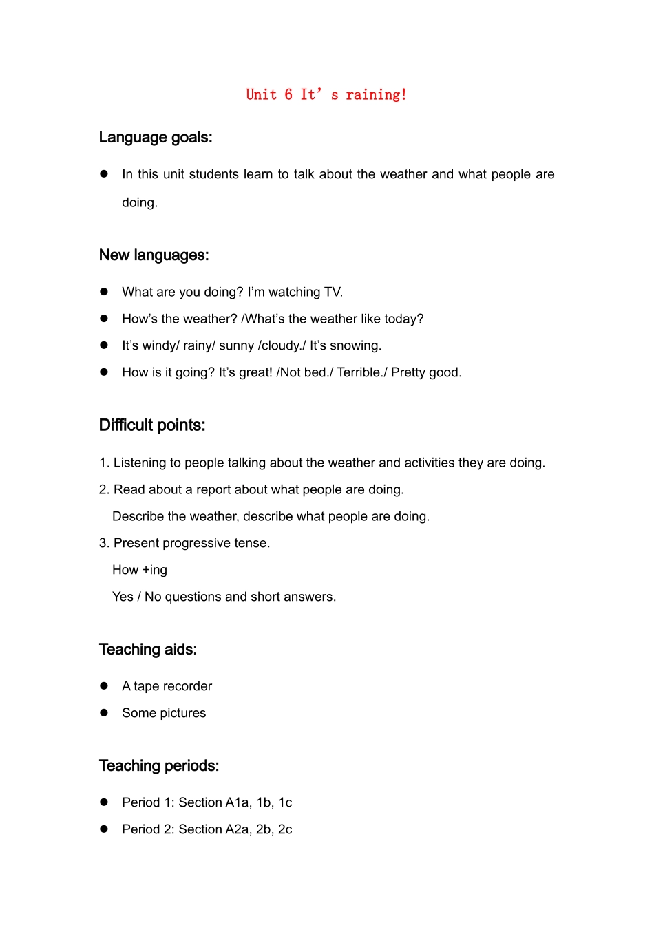 七年级英语 Unit 6  教案人教新课标版 _第1页