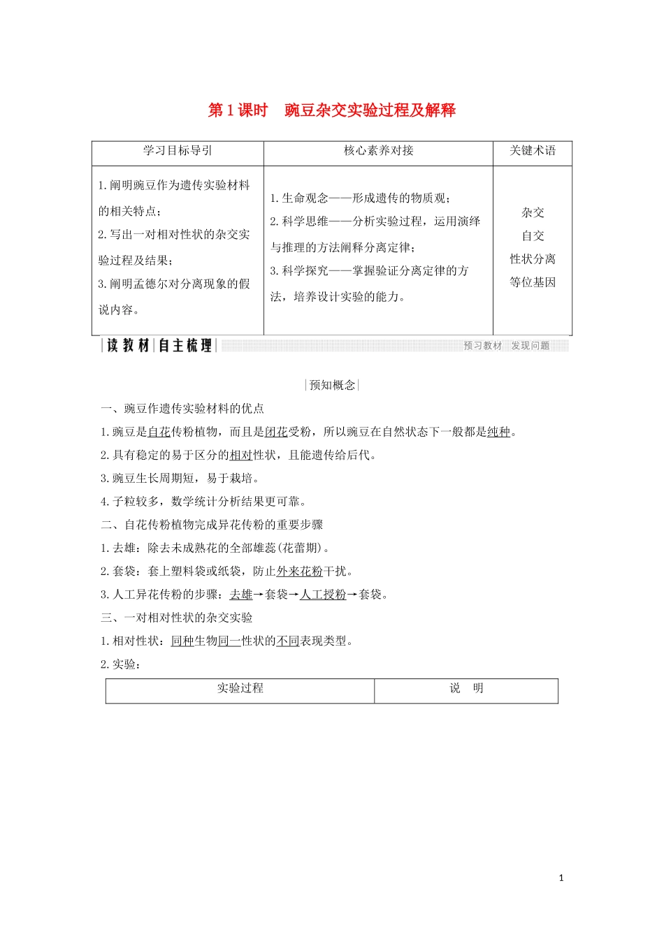 高中生物 第1章 遗传因子的发现 第1节 第1课时 豌豆杂交实验过程及解释学案 新人教版必修2-新人教版高一必修2生物学案_第1页