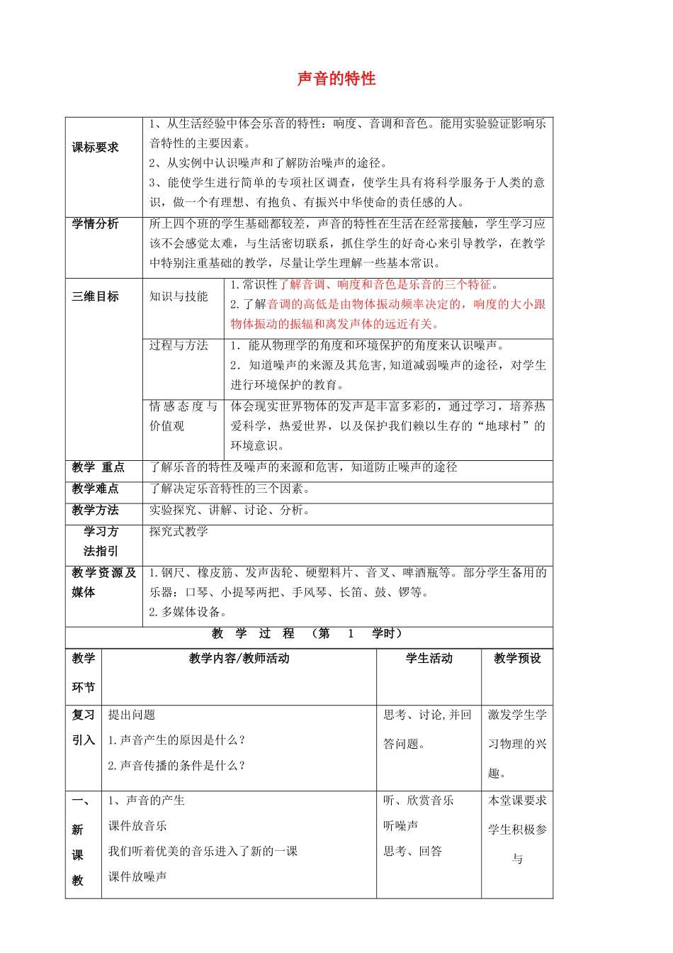 八年级物理全册《3.2 声音的特性》教案 （新版）沪科版-（新版）沪科版初中八年级全册物理教案_第1页