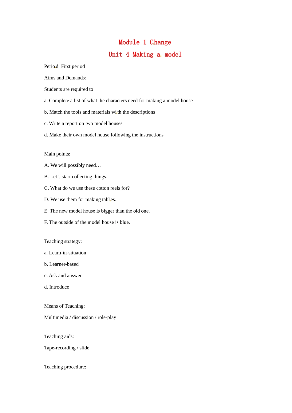 七年级英语上册 Module 1 Unit 4 Making a model教案 沈阳牛津版_第1页