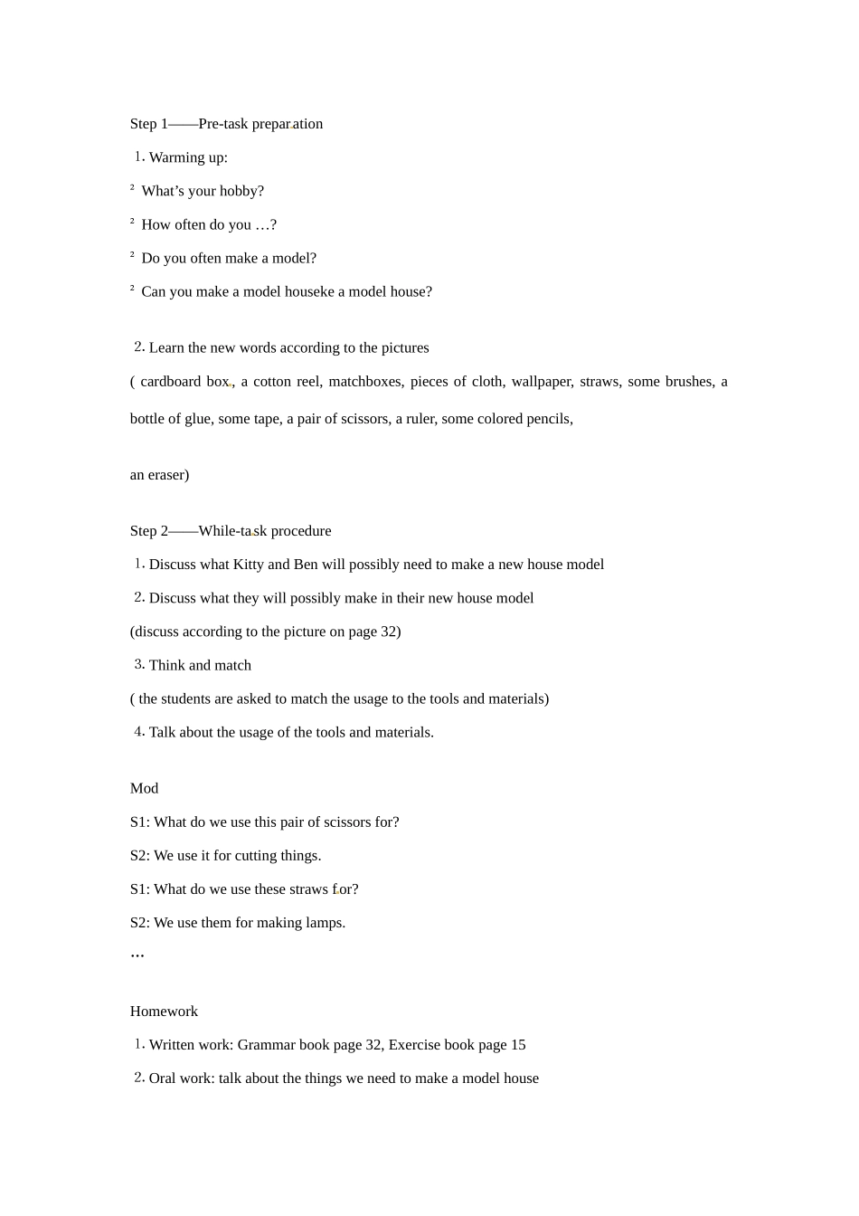 七年级英语上册 Module 1 Unit 4 Making a model教案 沈阳牛津版_第2页