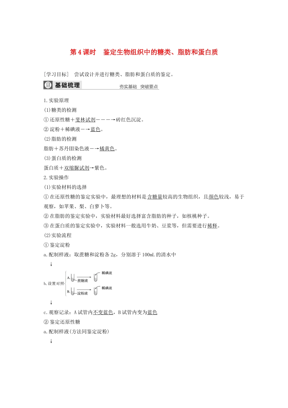 高中生物 第2章 细胞的化学组成 第二节 第4课时 鉴定生物组织中的糖类、脂肪和蛋白质学案 苏教版必修1-苏教版高中必修1生物学案_第1页
