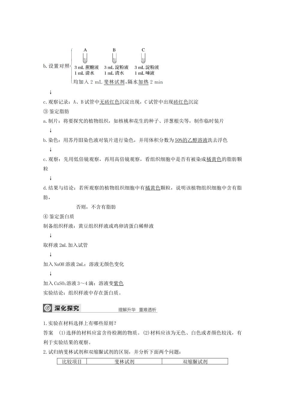 高中生物 第2章 细胞的化学组成 第二节 第4课时 鉴定生物组织中的糖类、脂肪和蛋白质学案 苏教版必修1-苏教版高中必修1生物学案_第2页