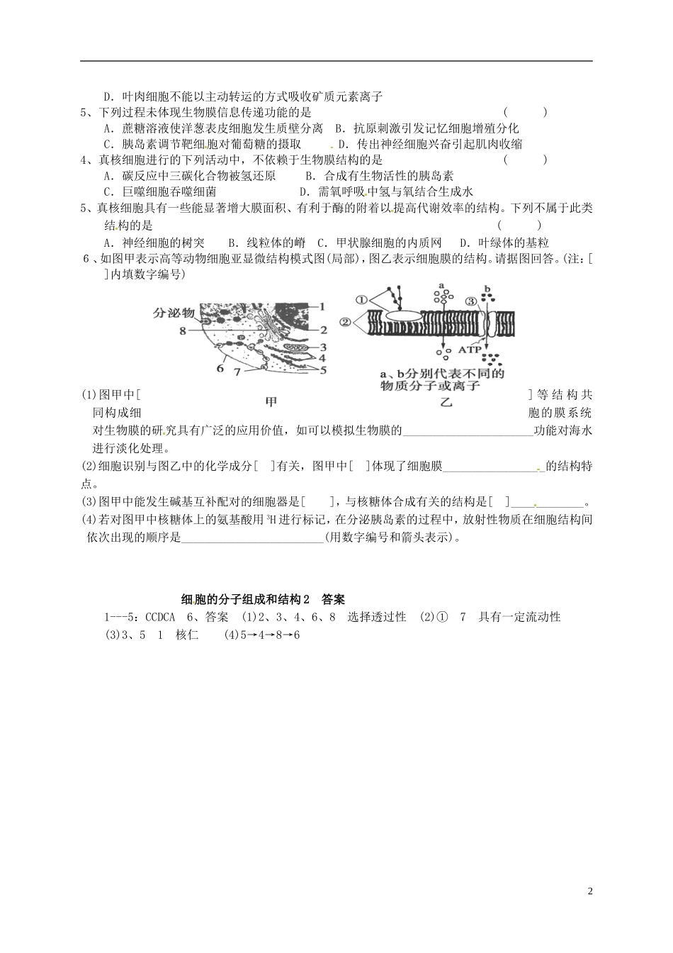 高考生物总复习 专题一 细胞的分子组成和结构导学案2-人教版高三全册生物学案_第2页