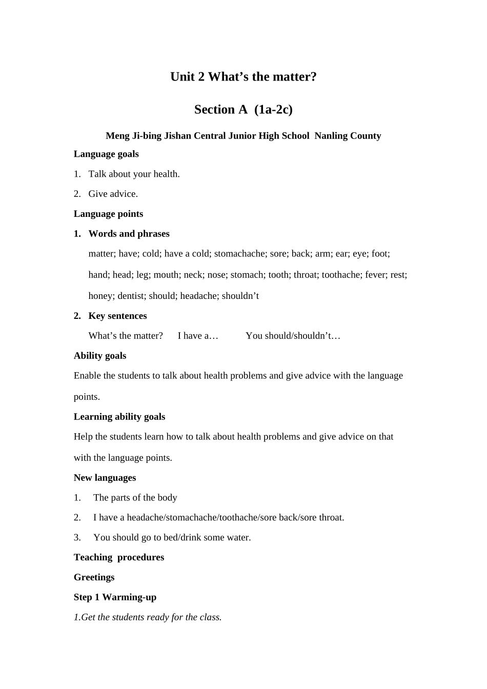 Unit 2 What’s the matter教案_第1页