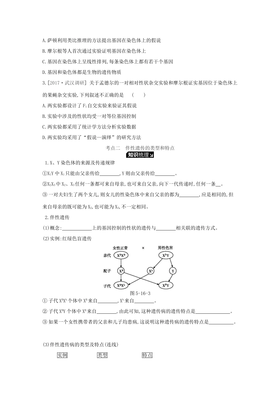 高考生物一轮复习 第5单元 遗传的基本规律和遗传的细胞基础 第16讲 伴性遗传和人类遗传病学案 苏教版-苏教版高三全册生物学案_第3页