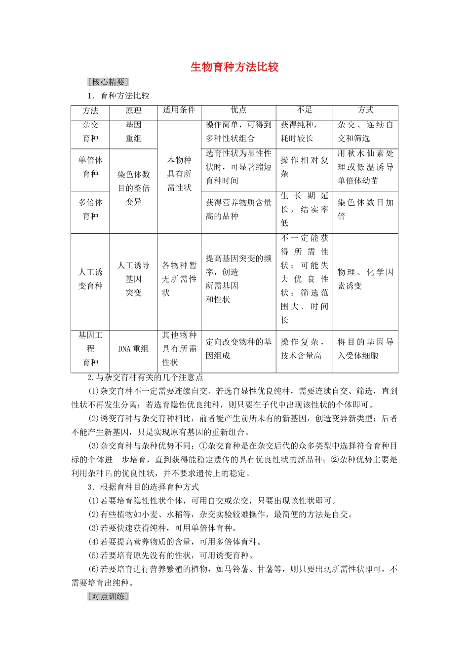 高中生物 第4章 遗传的分子基础 微专题突破 生物育种方法比较学案 苏教版必修2-苏教版高一必修2生物学案_第1页