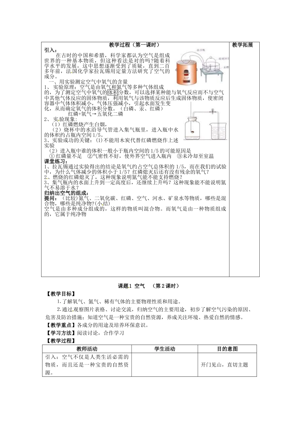 广东省东莞市寮步信义学校2014届九年级化学上册 第二单元《我们周围的空气》课题1 空气（第1课时）教案 （新版）新人教版_第3页